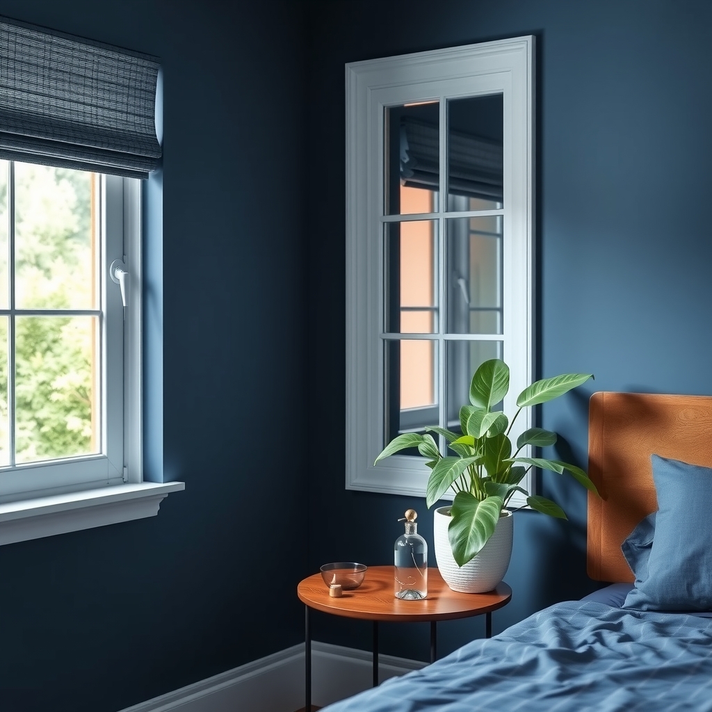 Cây xanh trong chậu trắng đặt cạnh cửa sổ phòng ngủ xanh đen