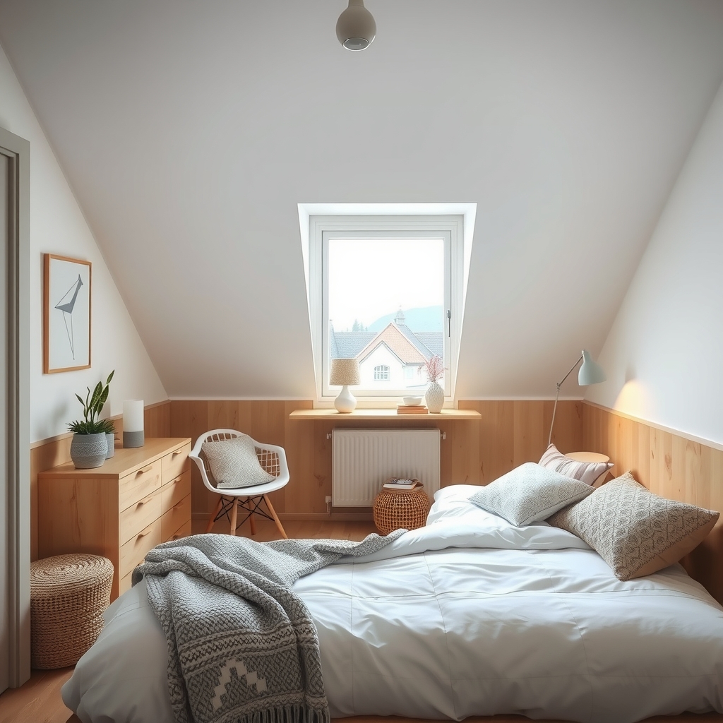 Nội thất phòng ngủ nhỏ phong cách Scandinavian với gỗ sáng màu và đồ dệt ấm áp