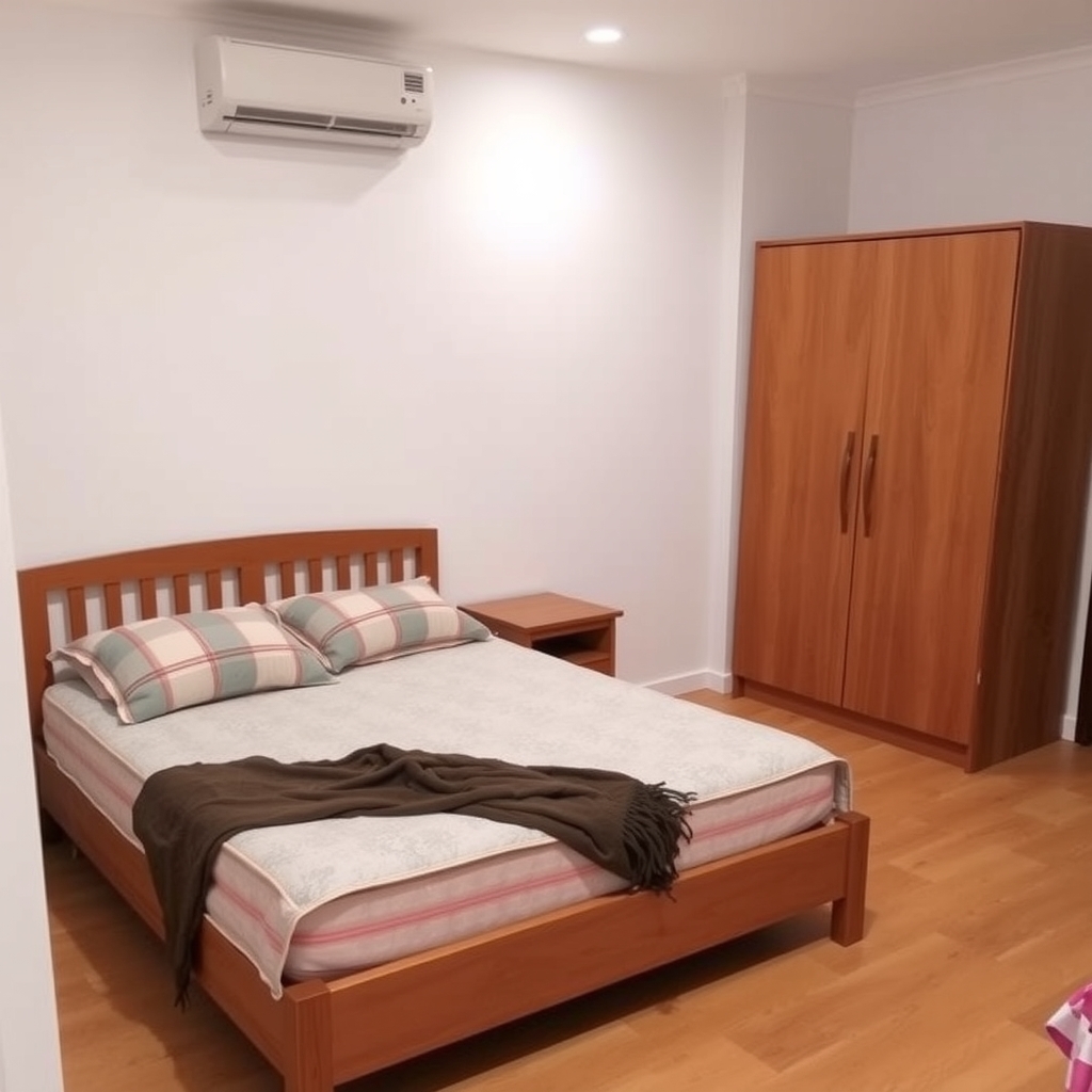 Phòng ngủ 8m2 cho vợ chồng với nệm đôi êm ái và tủ quần áo đôi 