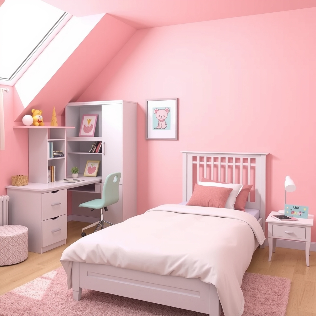Thiết kế phòng ngủ bé gái màu hồng pastel với giường và bàn học dễ thương 