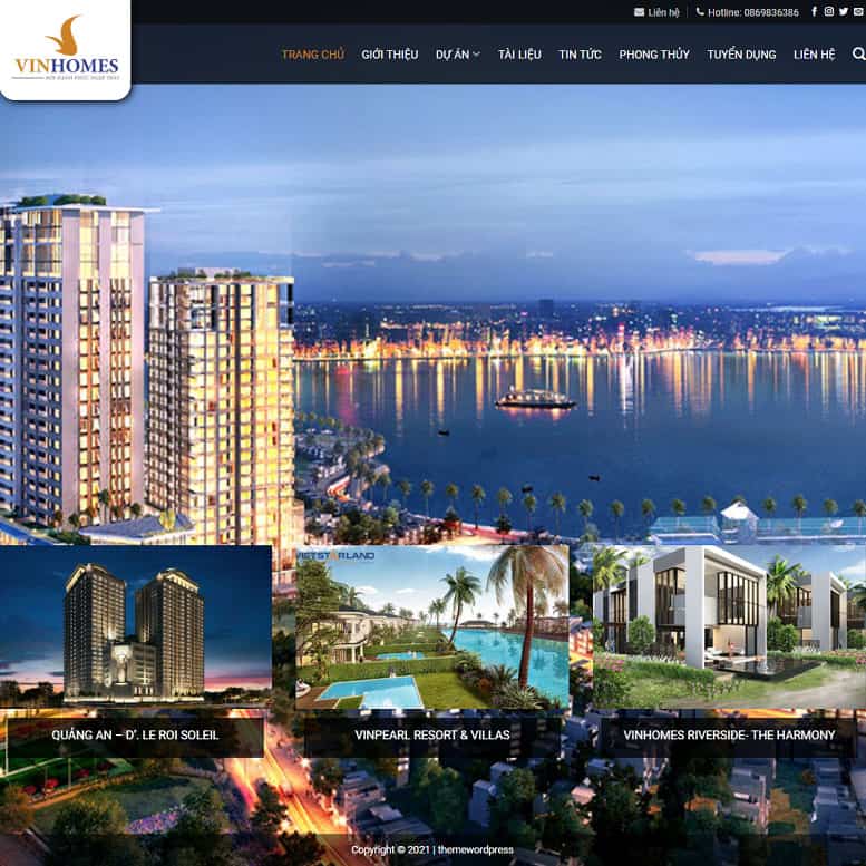 Phù hợp làm mẫu website giới thiệu về các dự án bất động sản, giao diện đẹp, hiện đại, độc lạ, bố cục hợp lý phù hợp nhiều loại dự án bất động sản